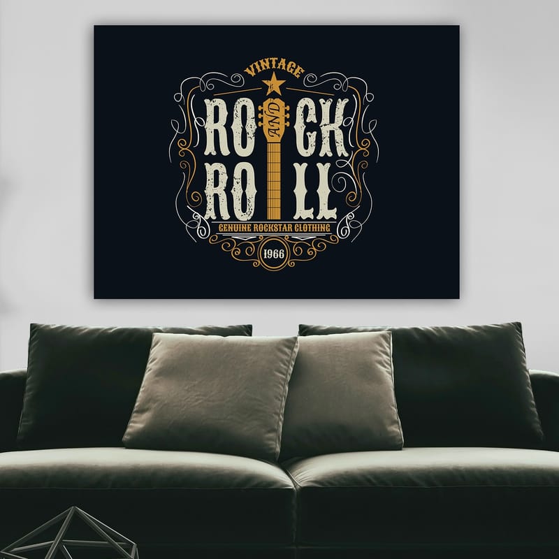 Canvastavla 70x100 cm - Vintage rock and roll-design med en gitarr och dekorativa element - Mörkblå / Beige / Vit - Inredning - Tavlor & konst - Canvastavlor