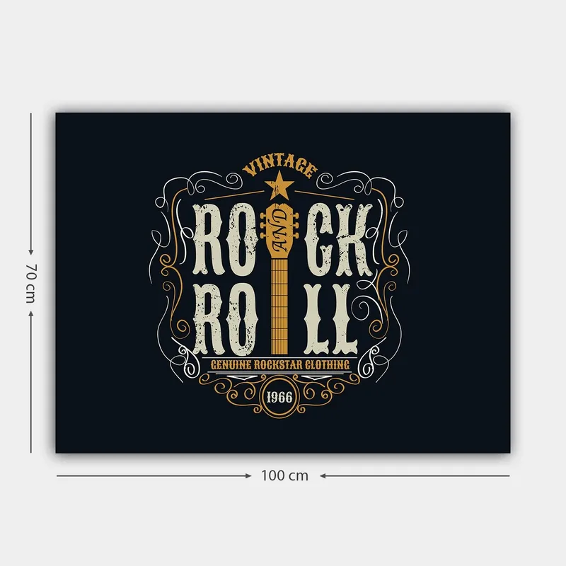 Canvastavla 70x100 cm - Vintage rock and roll-design med en gitarr och dekorativa element - Mörkblå / Beige / Vit - Inredning - Tavlor & konst - Canvastavlor