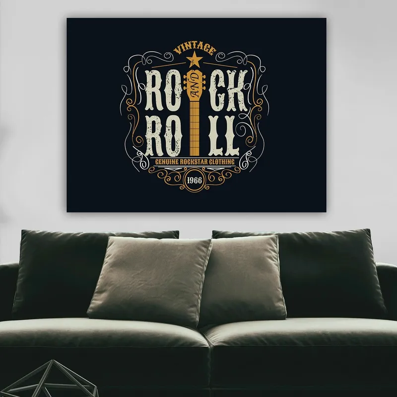 Canvastavla 70x100 cm - Vintage rock and roll-design med en gitarr och dekorativa element - Mörkblå / Beige / Vit - Inredning - Tavlor & konst - Canvastavlor