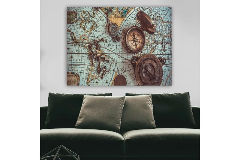 Canvastavla 70x100 cm - Vintage världskarta med kompasser och nycklar som huvudmotiv - Blå / Brun / Guld - Inredning - Tavlor & konst - Canvastavlor