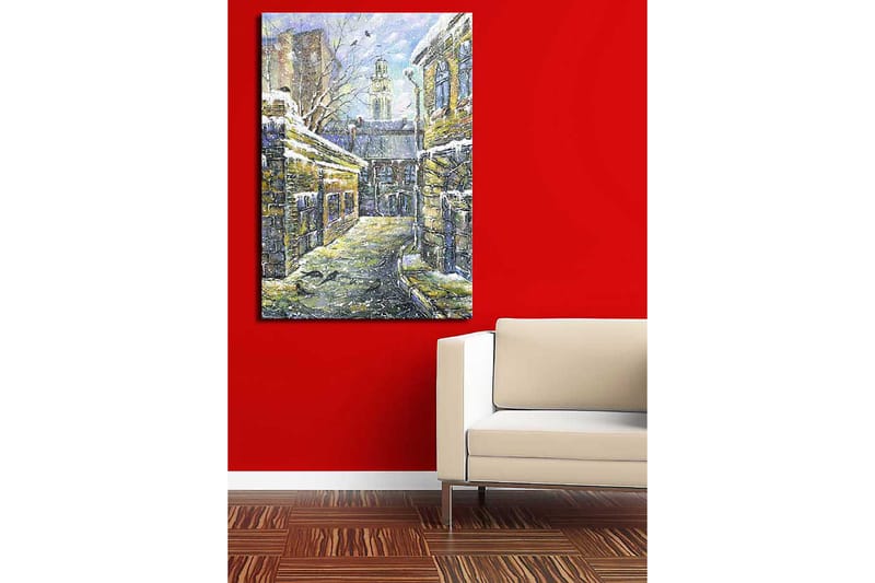 Canvastavla 70x100 cm - Vintergata omgiven av gamla byggnader med snö på taken - Gult / Blått / Vitt - Inredning - Tavlor & konst - Canvastavlor
