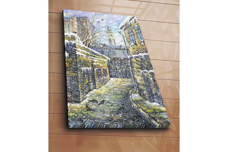 Canvastavla 70x100 cm - Vintergata omgiven av gamla byggnader med snö på taken - Gult / Blått / Vitt - Inredning - Tavlor & konst - Canvastavlor