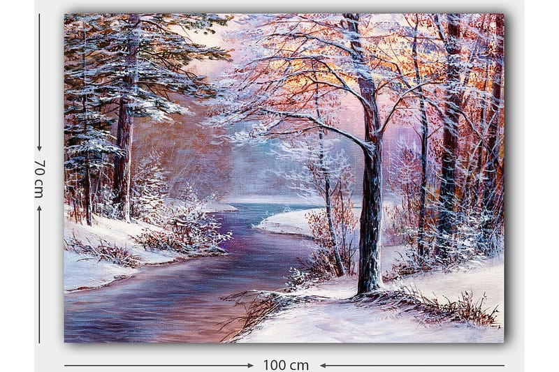 Canvastavla 70x100 cm - Vinterlandskap med snöklädda träd och en spegelblanka flod - Vit / Ljusblå / Ljusrosa - Inredning - Tavlor & konst - Canvastavlor