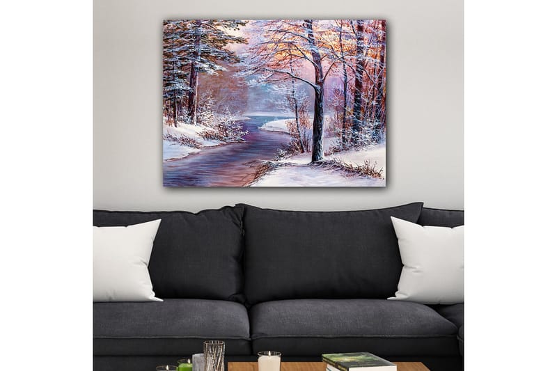 Canvastavla 70x100 cm - Vinterlandskap med snöklädda träd och en spegelblanka flod - Vit / Ljusblå / Ljusrosa - Inredning - Tavlor & konst - Canvastavlor