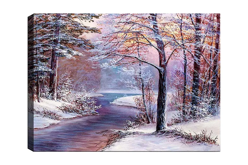 Canvastavla 70x100 cm - Vinterlandskap med snöklädda träd och en spegelblanka flod, Vit / Ljusblå / Ljusrosa