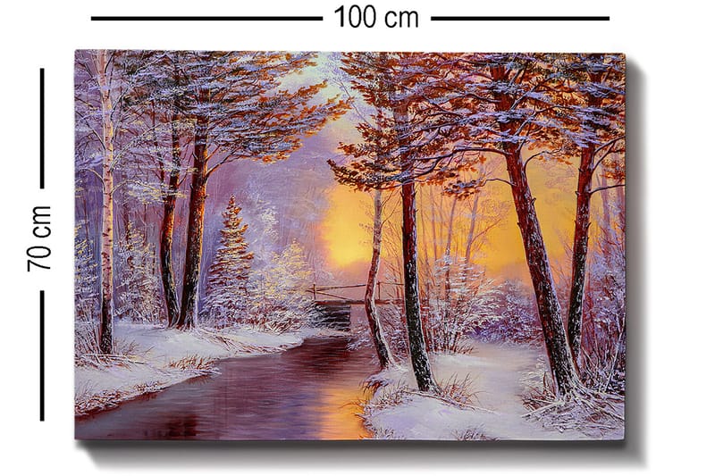 Canvastavla 70x100 cm - Vinterlandskap med snötäckta träd och en stilla flod i solnedgångens ljus - Vit / Orange / Brun - Inredning - Tavlor & konst - Canvastavlor