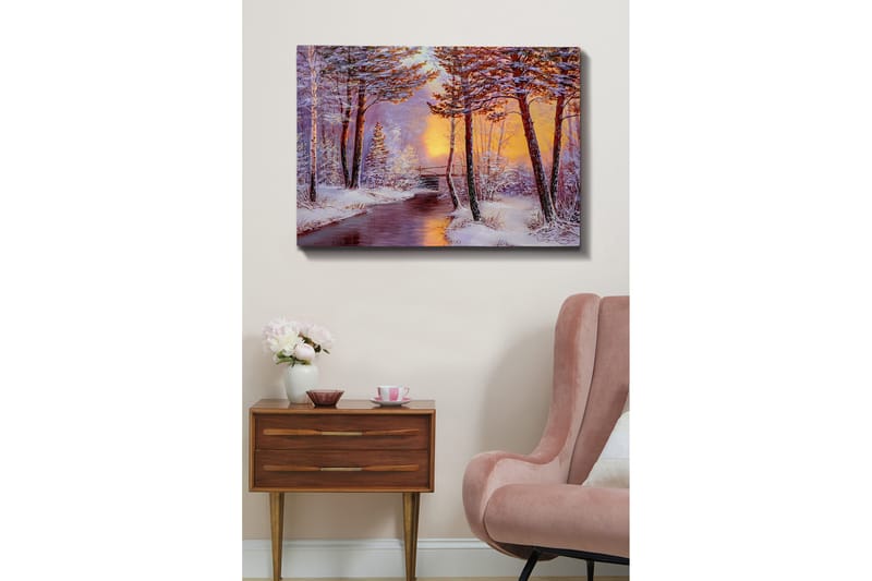 Canvastavla 70x100 cm - Vinterlandskap med snötäckta träd och en stilla flod i solnedgångens ljus - Vit / Orange / Brun - Inredning - Tavlor & konst - Canvastavlor