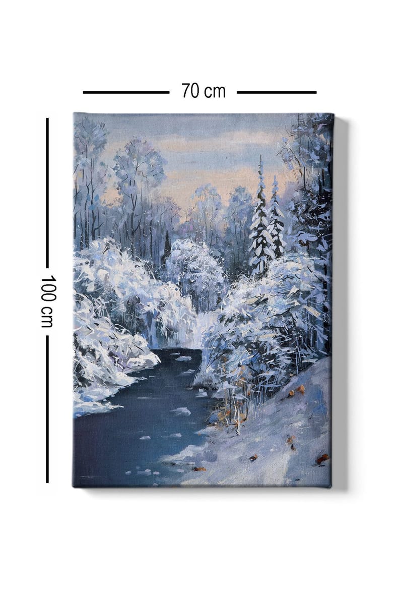 Canvastavla 70x100 cm - Vinterlandskap med snötäckta träd och en stilla flod - Vit / Blå / Grå - Inredning - Tavlor & konst - Canvastavlor