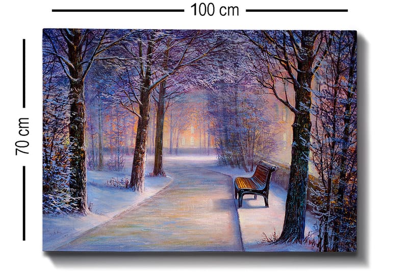 Canvastavla 70x100 cm - Vinterpromenad med snötäckta träd och en ensam bänk längs en stig - Blå / Vit / Grå - Inredning - Tavlor & konst - Canvastavlor