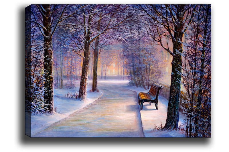 Canvastavla 70x100 cm - Vinterpromenad med snötäckta träd och en ensam bänk längs en stig - Blå / Vit / Grå - Inredning - Tavlor & konst - Canvastavlor