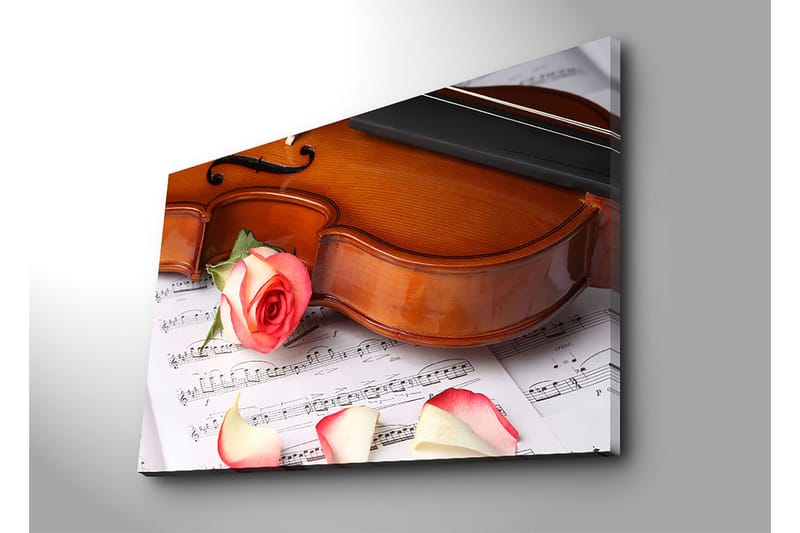 Canvastavla 70x100 cm - Violin med en ros och rosblad på ett notblad - Röd / Beige / Brun - Inredning - Tavlor & konst - Canvastavlor