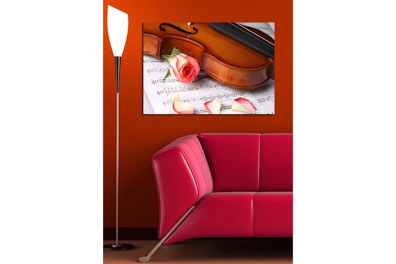 Canvastavla 70x100 cm - Violin med en ros och rosblad på ett notblad - Röd / Beige / Brun - Inredning - Tavlor & konst - Canvastavlor