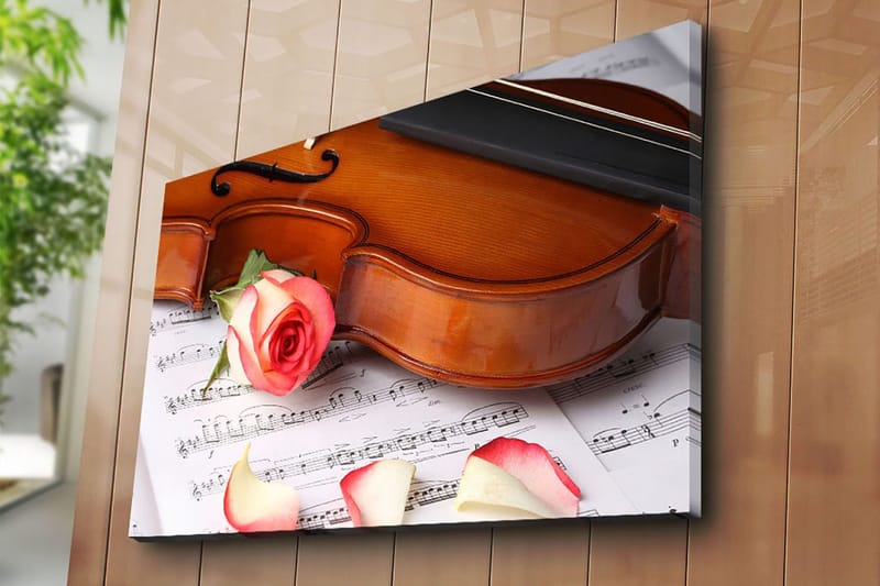 Canvastavla 70x100 cm - Violin med en ros och rosblad på ett notblad - Röd / Beige / Brun - Inredning - Tavlor & konst - Canvastavlor
