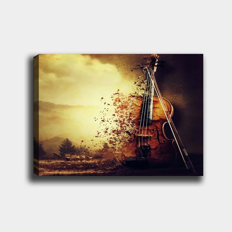 Canvastavla 70x100 cm - Violin som delvis upplöses i en drömlik landskapsscen, Guld / Brunt / Svart
