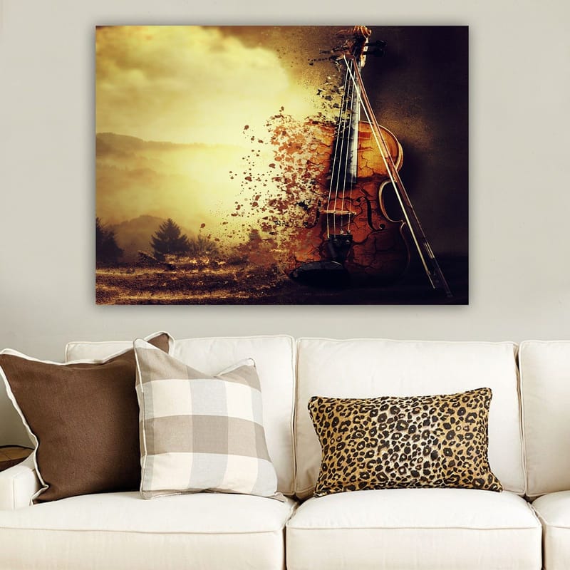 Canvastavla 70x100 cm - Violin som delvis upplöses i en drömlik landskapsscen - Guld / Brunt / Svart - Inredning - Tavlor & konst - Canvastavlor