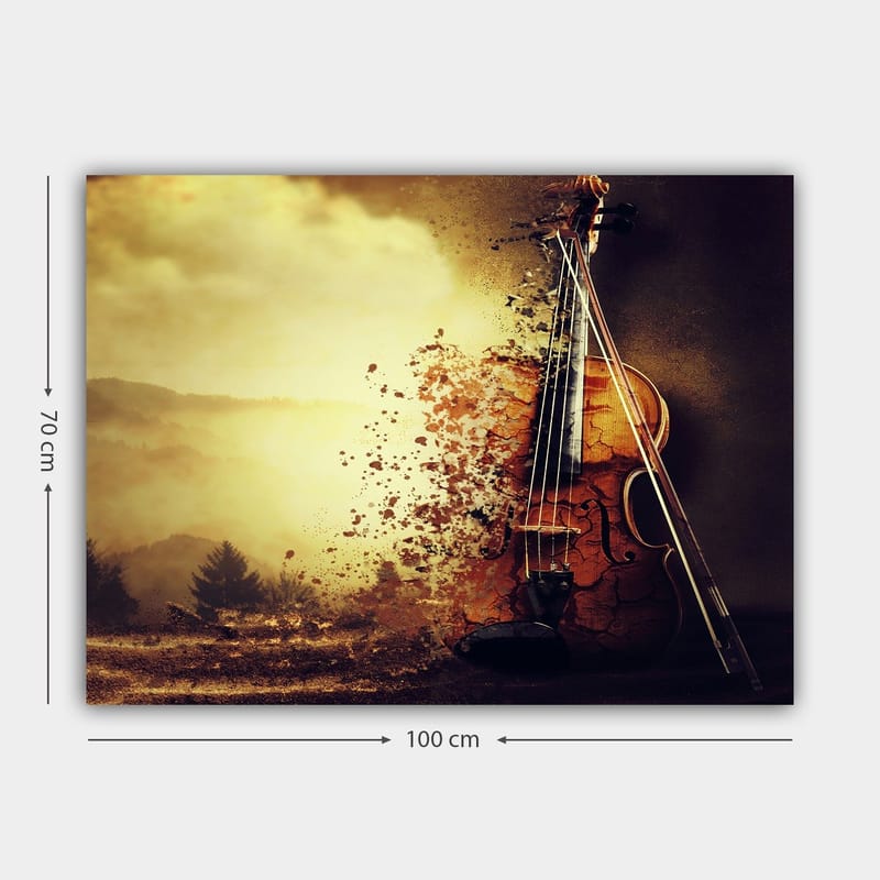 Canvastavla 70x100 cm - Violin som delvis upplöses i en drömlik landskapsscen - Guld / Brunt / Svart - Inredning - Tavlor & konst - Canvastavlor
