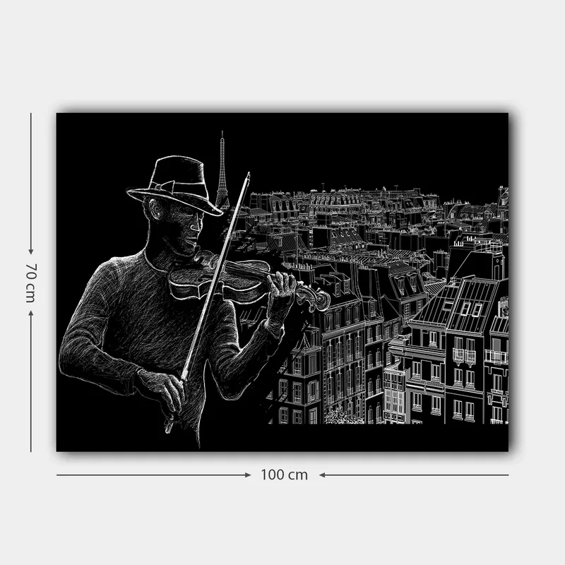Canvastavla 70x100 cm - Violinist spelar musik mot en stadssilhuett med Eiffeltornet i bakgrunden - Svart / Vit - Inredning - Tavlor & konst - Canvastavlor
