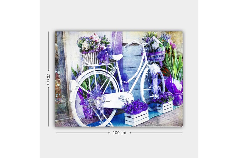 Canvastavla 70x100 cm - Vit cykel dekorerad med blommor och lila detaljer - Lila / Vit - Inredning - Tavlor & konst - Canvastavlor