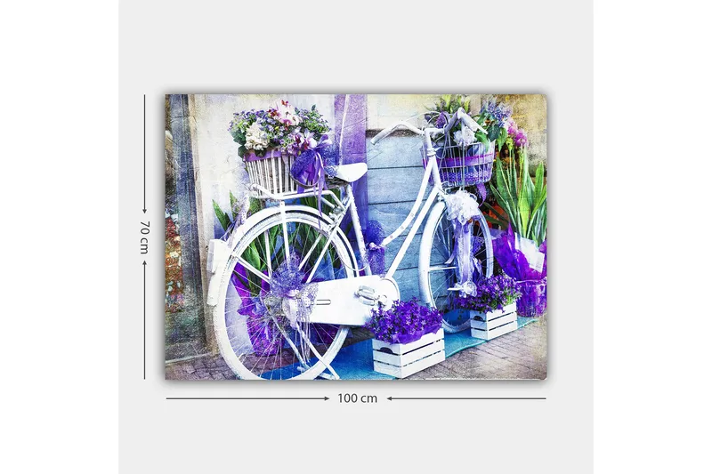 Canvastavla 70x100 cm - Vit cykel dekorerad med blommor och lila detaljer - Lila / Vit - Inredning - Tavlor & konst - Canvastavlor