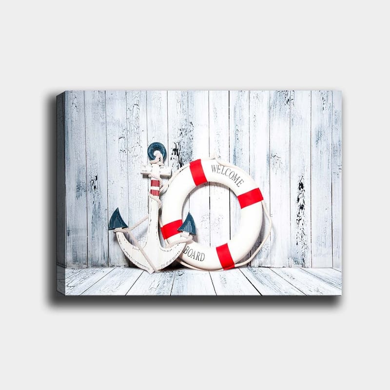 Canvastavla 70x100 cm - Vit livboj med röda detaljer och en ankarformad dekoration i marin stil, Vit / Röd / Blå