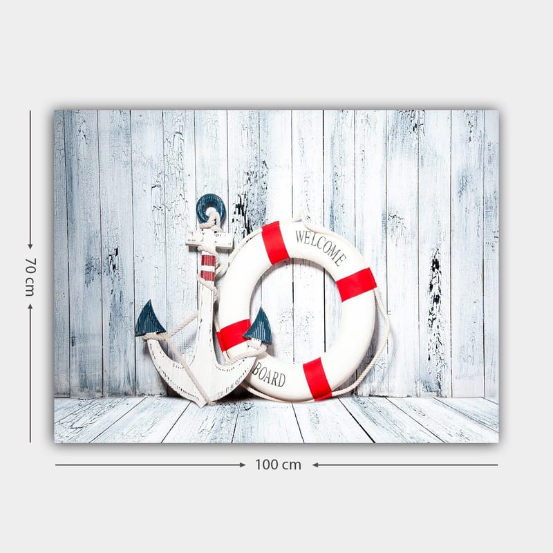 Canvastavla 70x100 cm - Vit livboj med röda detaljer och en ankarformad dekoration i marin stil - Vit / Röd / Blå - Inredning - Tavlor & konst - Canvastavlor