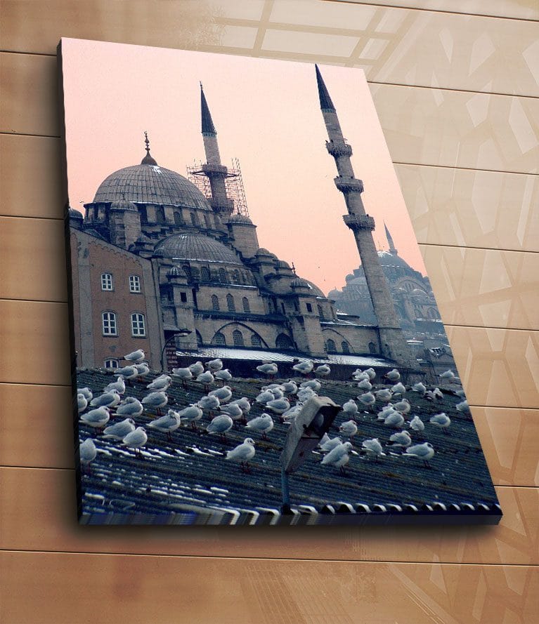 Canvastavla 70x100 cm - Vy av en historisk moské med fåglar som sitter på taket - Grå / Blå / Beige - Inredning - Tavlor & konst - Canvastavlor