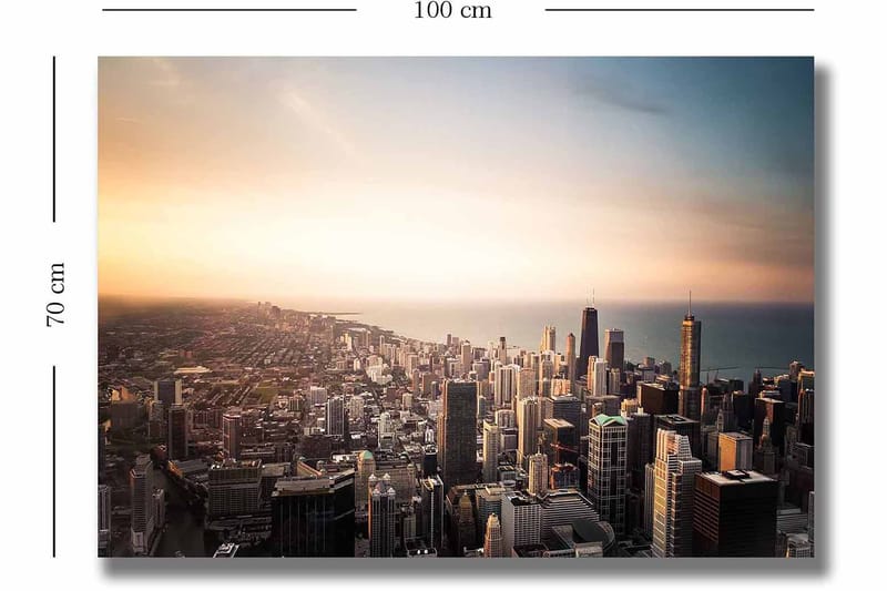 Canvastavla 70x100 cm - Panoramavy av en stad med höga skyskrapor och en solnedgång som skapar en dramatisk atmosfär - Blå / Orange / Grå - Inredning - Tavlor & konst - Canvastavlor