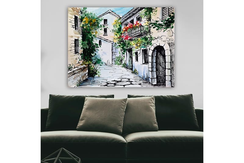 Canvastavla 70x100 cm - Pittoresk gränd med charmiga hus och blommande balkonger - Grön / Beige / Röd - Inredning - Tavlor & konst - Canvastavlor