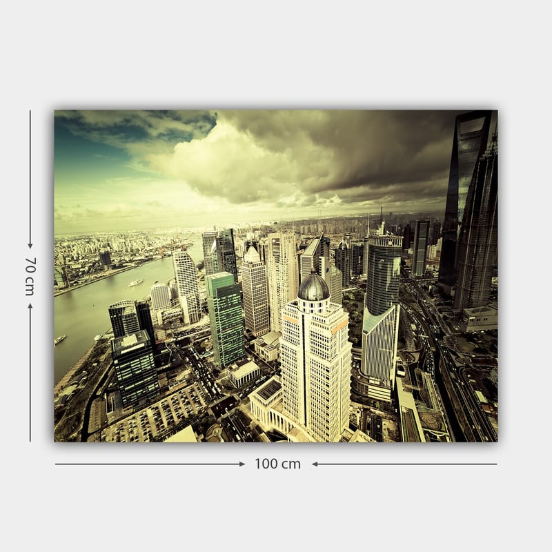 Canvastavla 70x100 cm - Panoramavy av en modern storstad med höga skyskrapor och en flod som flyter genom landskapet - Grön / Grå / Beige - Inredning - Tavlor & konst - Canvastavlor