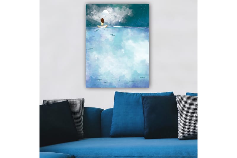 Canvastavla 70x100 cm - Person sitter i en båt under en stjärnklar natt med en stor måne ovanför - Mörkblå / Ljusblå / Vit - Inredning - Tavlor & konst - Canvastavlor
