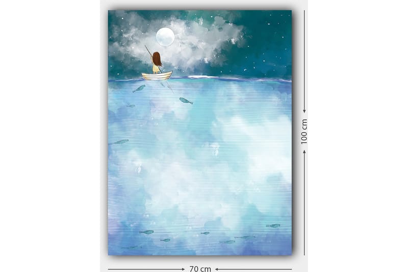 Canvastavla 70x100 cm - Person sitter i en båt under en stjärnklar natt med en stor måne ovanför - Mörkblå / Ljusblå / Vit - Inredning - Tavlor & konst - Canvastavlor