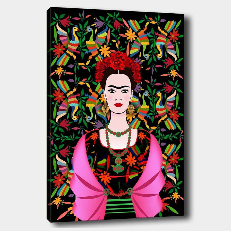 Canvastavla 70x100 cm - Porträtt av en kvinna med traditionella mexikanska inslag och färgglad bakgrund - Röd / Grön / Svart - Inredning - Tavlor & konst - Canvastavlor
