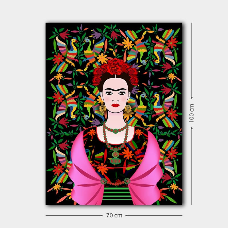 Canvastavla 70x100 cm - Porträtt av en kvinna med traditionella mexikanska inslag och färgglad bakgrund - Röd / Grön / Svart - Inredning - Tavlor & konst - Canvastavlor