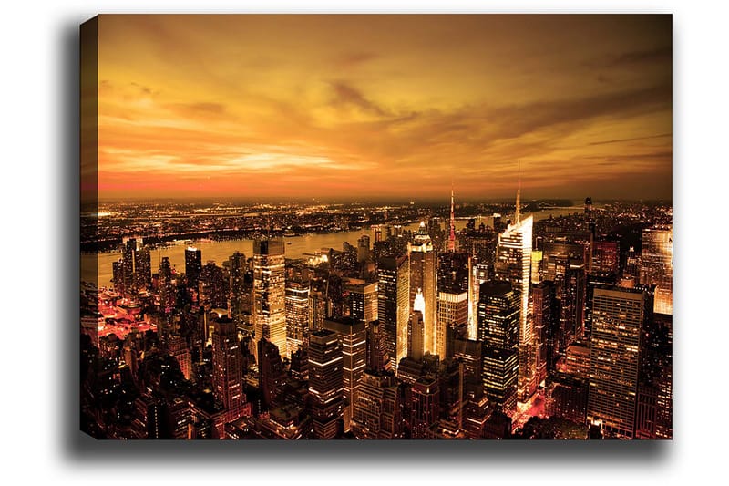Canvastavla 70x100 cm - Panoramavy av en stad vid solnedgång med höga byggnader och en dramatisk himmel - Orange / Guld / Svart - Inredning - Tavlor & konst - Canvastavlor