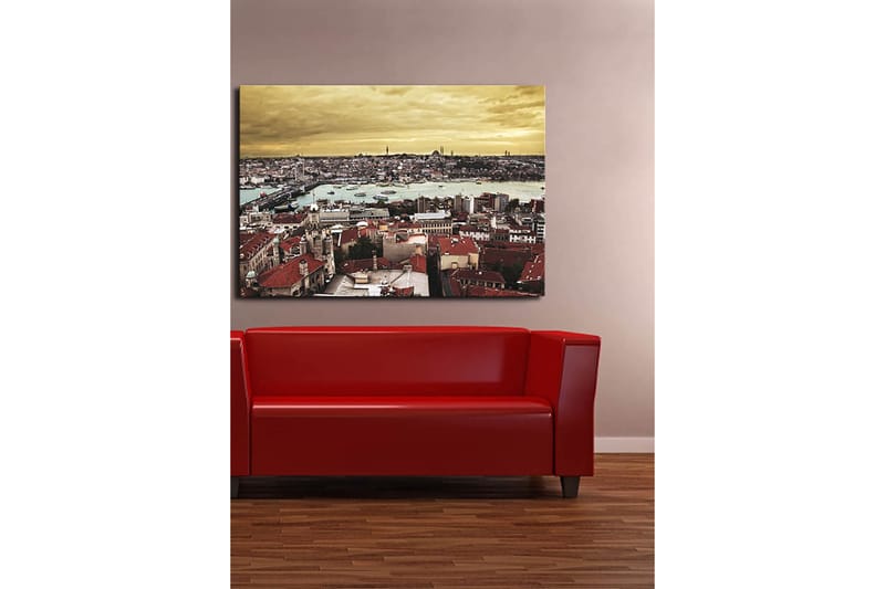 Canvastavla 70x100 cm - Panoramavy över Istanbul med tak av tegel och en glittrande vattenyta - Röd / Turkos / Guld - Inredning - Tavlor & konst - Canvastavlor