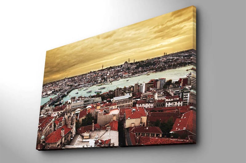 Canvastavla 70x100 cm - Panoramavy över Istanbul med tak av tegel och en glittrande vattenyta - Röd / Turkos / Guld - Inredning - Tavlor & konst - Canvastavlor