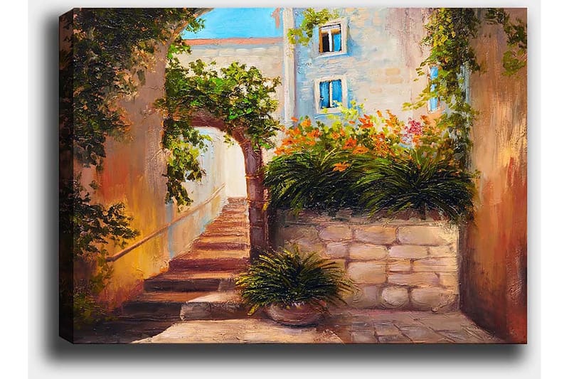Canvastavla 70x100 cm - Pittoresk gränd med trappor omgiven av grönska och blommor - Grön / Beige / Orange - Inredning - Tavlor & konst - Canvastavlor