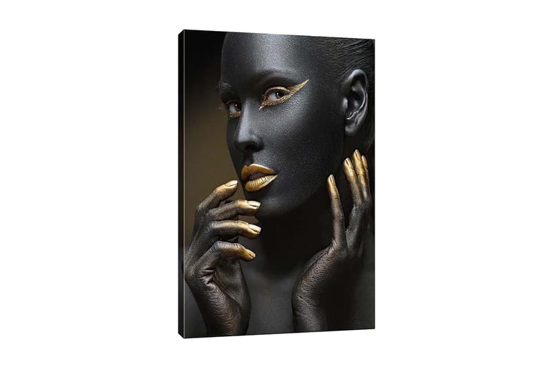 Canvastavla 70x100 cm - Porträtt av en kvinna med svart ansiktsmålning och guldiga detaljer, Svart / Guld