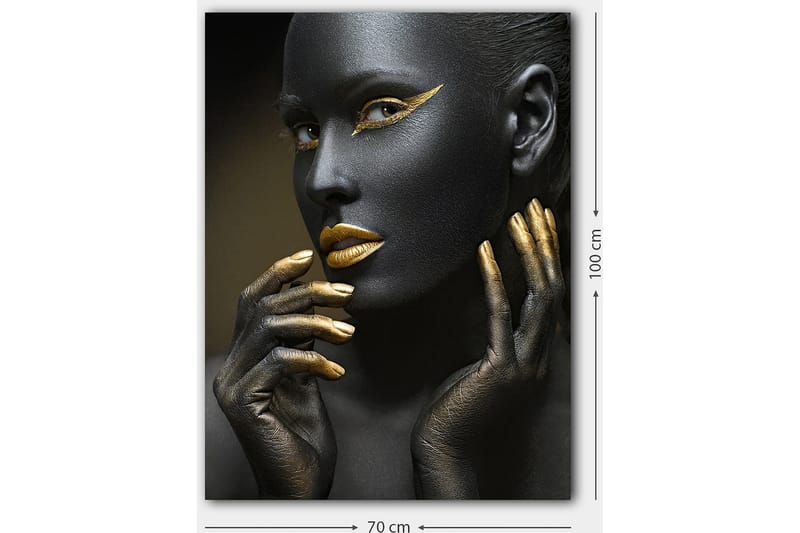 Canvastavla 70x100 cm - Porträtt av en kvinna med svart ansiktsmålning och guldiga detaljer - Svart / Guld - Inredning - Tavlor & konst - Canvastavlor