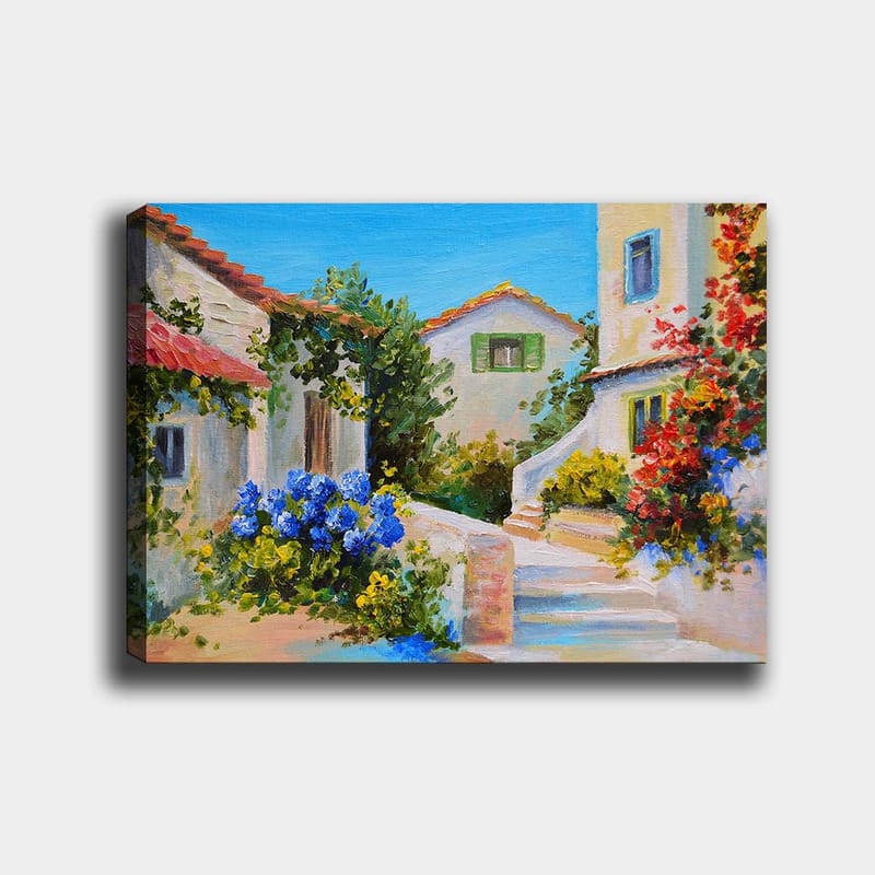Canvastavla 70x100 cm - Pittoresk byscen med färgglada hus och blomstrande växter - Blå / Grön / Gul - Inredning - Tavlor & konst - Canvastavlor
