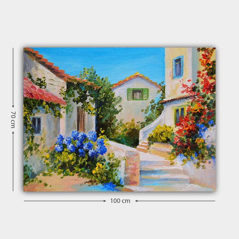 Canvastavla 70x100 cm - Pittoresk byscen med färgglada hus och blomstrande växter - Blå / Grön / Gul - Inredning - Tavlor & konst - Canvastavlor