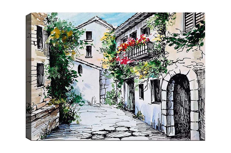 Canvastavla 70x100 cm - Pittoresk gränd med charmiga hus och blommande balkonger - Grön / Beige / Röd - Inredning - Tavlor & konst - Canvastavlor