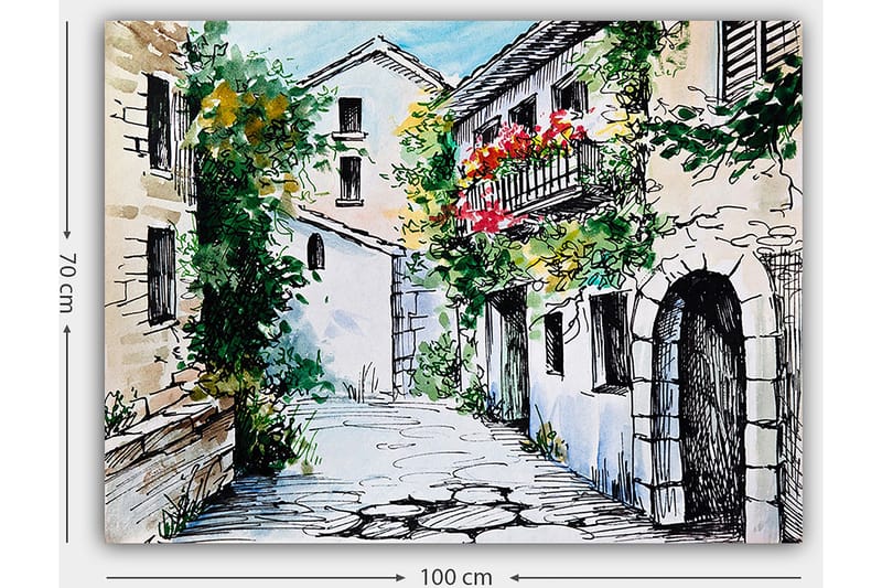 Canvastavla 70x100 cm - Pittoresk gränd med charmiga hus och blommande balkonger - Grön / Beige / Röd - Inredning - Tavlor & konst - Canvastavlor