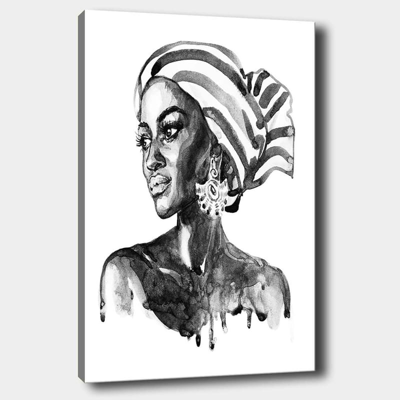 Canvastavla 70x100 cm - Porträtt av en kvinna med ett mönstrat huvudduk och eleganta smycken, Svart / Vitt