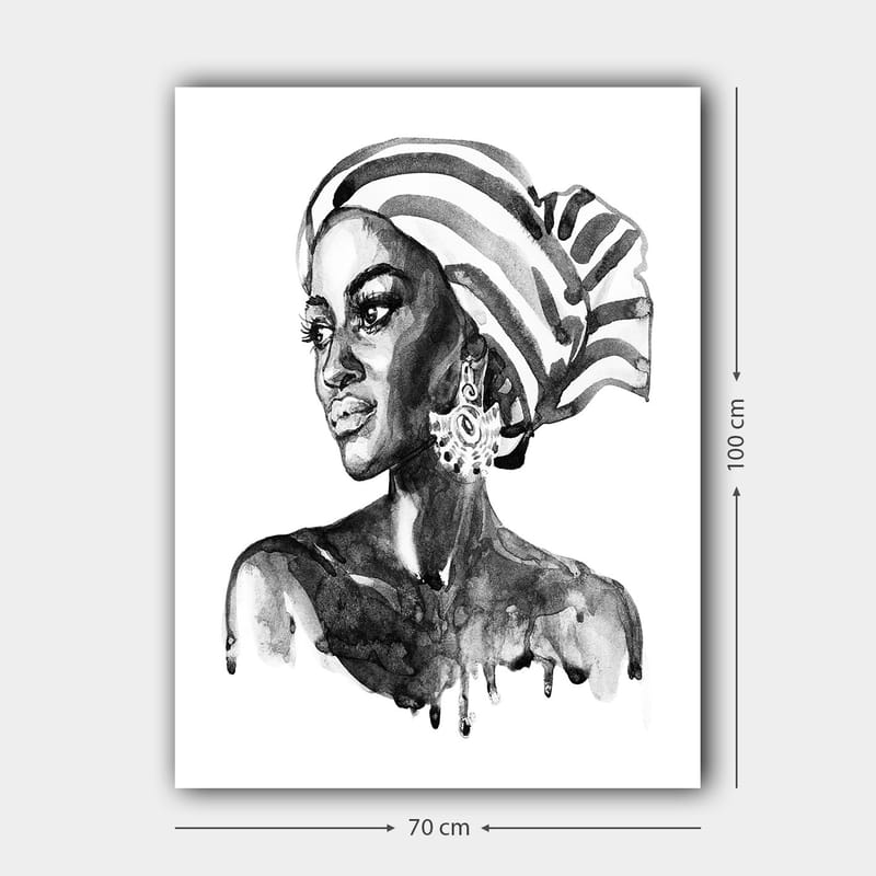 Canvastavla 70x100 cm - Porträtt av en kvinna med ett mönstrat huvudduk och eleganta smycken - Svart / Vitt - Inredning - Tavlor & konst - Canvastavlor