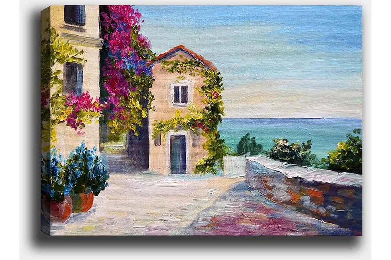 Canvastavla 70x100 cm - Pittoresk kustscen med färgglada hus och blommor som omger en lugn gata vid havet - Blå / Grön / Rosa - Inredning - Tavlor & konst - Canvastavlor