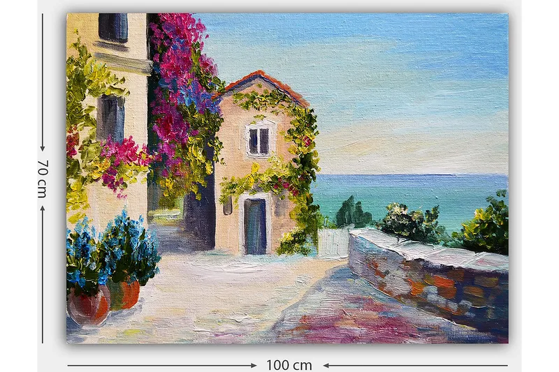 Canvastavla 70x100 cm - Pittoresk kustscen med färgglada hus och blommor som omger en lugn gata vid havet - Blå / Grön / Rosa - Inredning - Tavlor & konst - Canvastavlor