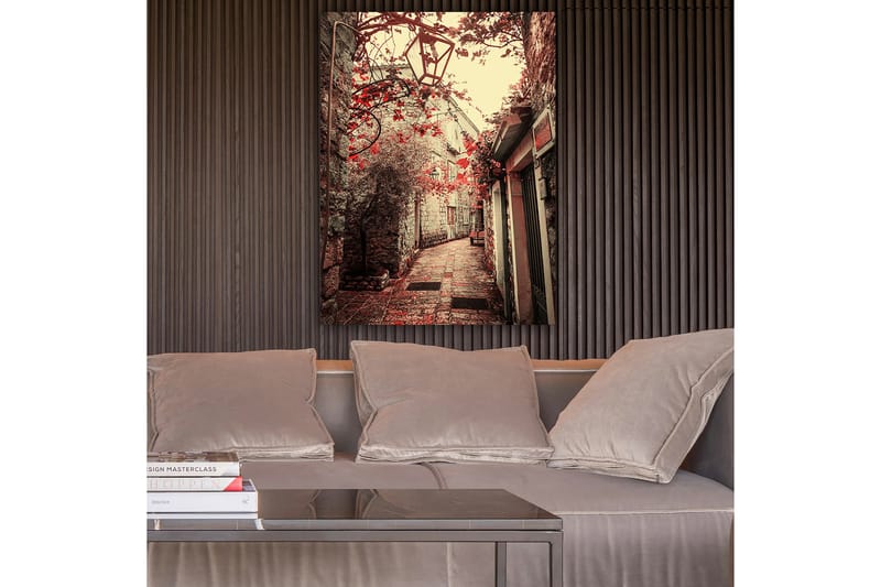 Canvastavla 70x100 cm - Pittoresk gränd kantad av gamla byggnader och blommor i röd nyans, Röd / Beige