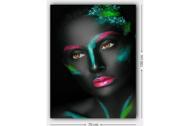 Canvastavla 70x100 cm - Porträtt av en kvinna med färgglad ansiktsmålning på en svart bakgrund - Svart / Rosa / Grön - Inredning - Tavlor & konst - Canvastavlor