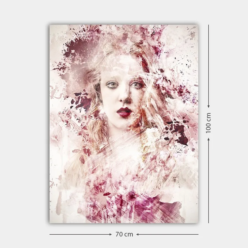 Canvastavla 70x100 cm - Porträtt av en kvinna med dramatiska färgtoner och abstrakta inslag - Djupröd / Ljusrosa / Vit - Inredning - Tavlor & konst - Canvastavlor